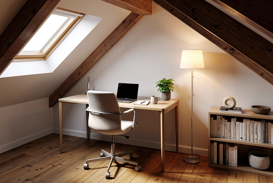 bureau-sous-les-combles-1 Bureau home office aménagé dans des combles avec isolation et finitions soignées