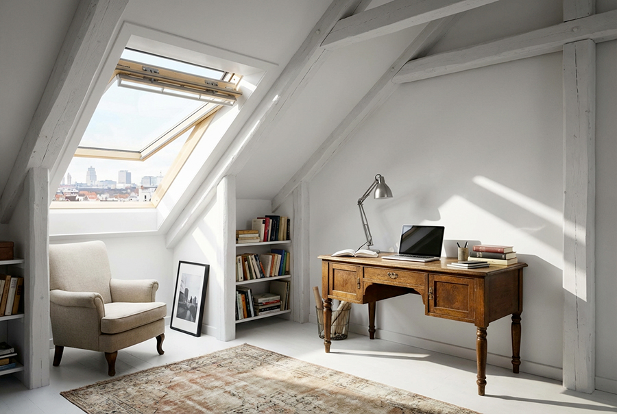 bureau-sous-les-combles-2 Espace de télétravail aménagé sous les rampants avec bureau sur mesure