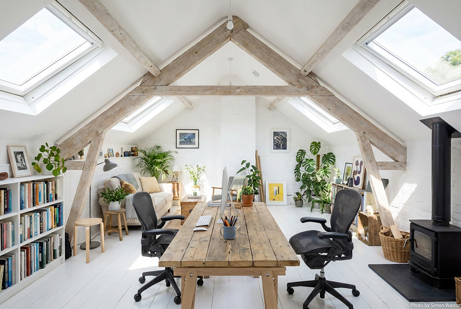 bureau-sous-les-combles-3 Coin bureau dans des combles aménagés avec rangements intégrés sous rampants