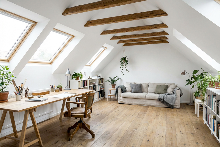 bureau-sous-les-combles-5 Bureau sous les toits avec fenêtre de toit et lumière naturelle