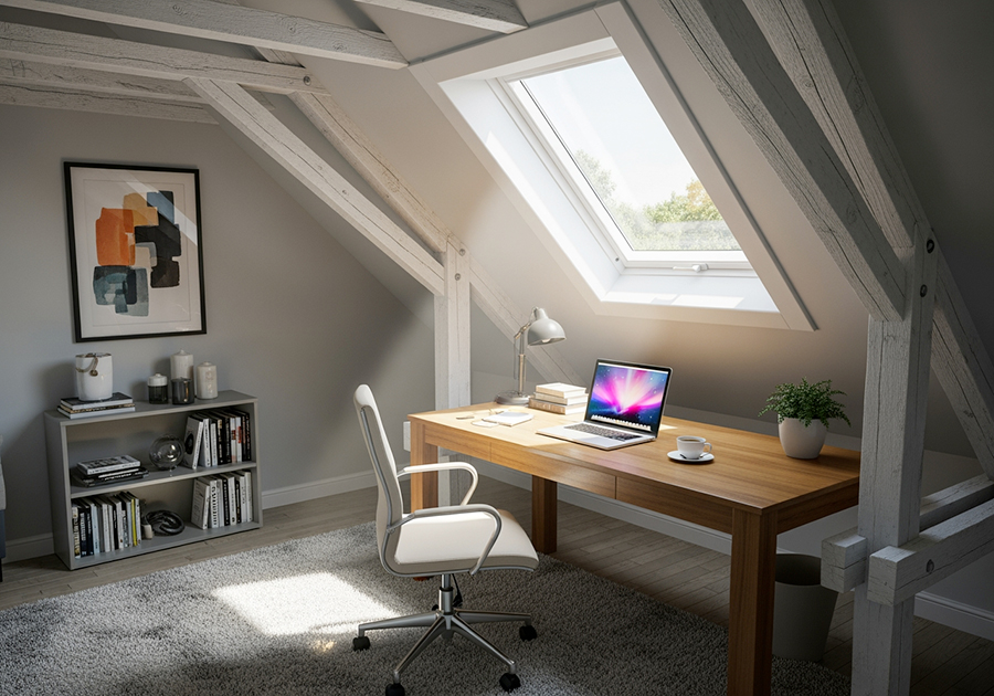 bureau-sous-les-combles-6 Vue d'ensemble d'un bureau sous les toits aménagé pour le télétravail