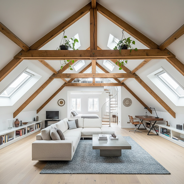 combles-amenageables-01 Combles perdus avec charpente apparente montrant une hauteur sous faîtage suffisante pour un aménagement