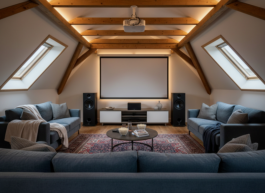 home-cinema-sous-les-combles-4 Finitions acoustiques et revêtement mural d'une salle cinéma sous les combles