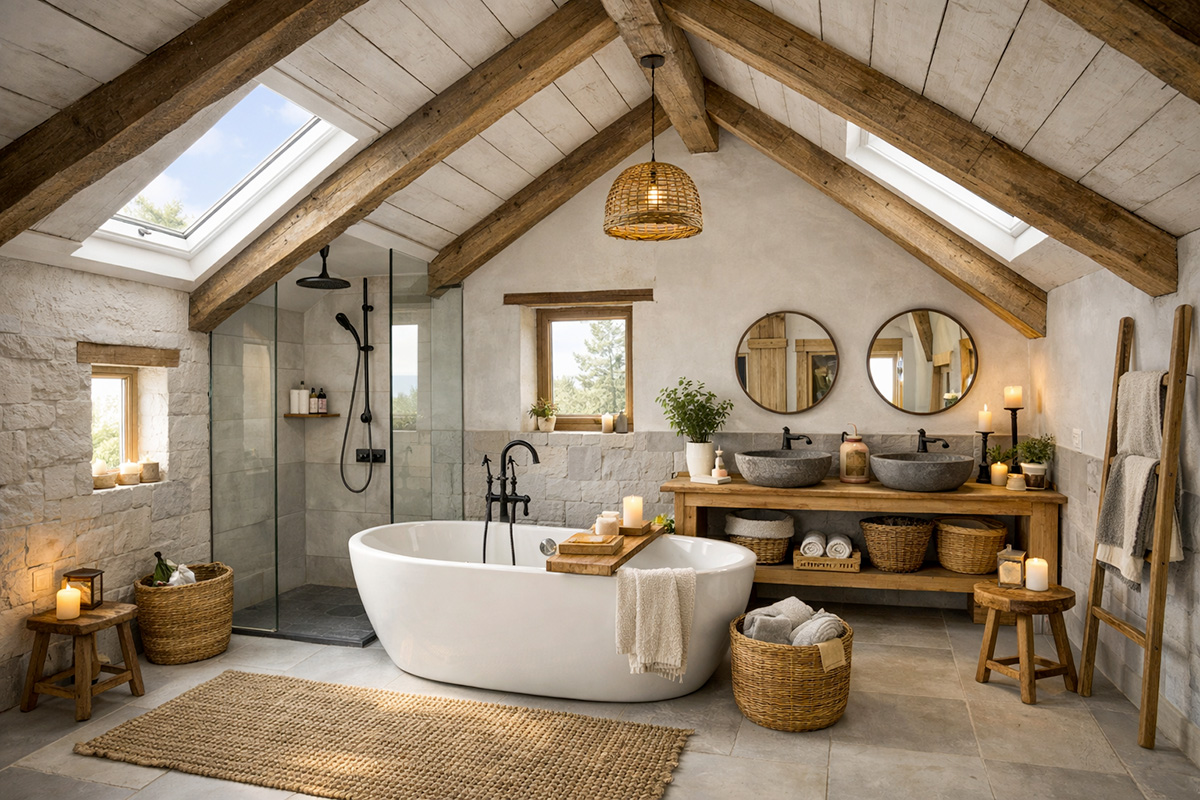 2-salle-de-bain-sous-les-combles salle de bain rustique sous les combles d'une maison ancienne