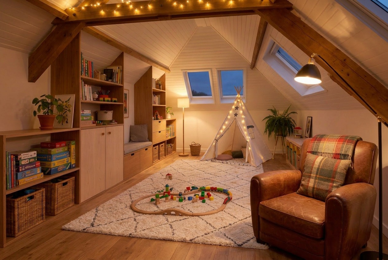 Chambre enfant mansardée avec rangements intégrés en bois clair, zone de jeux avec circuit de train et tipi lumineux, coin lecture fauteuil club en cuir et bibliothèque, éclairage chaleureux guirlandes lumineuses, velux sous combles