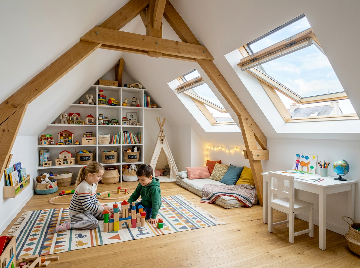 création salle de jeux à l'étage sous les combles